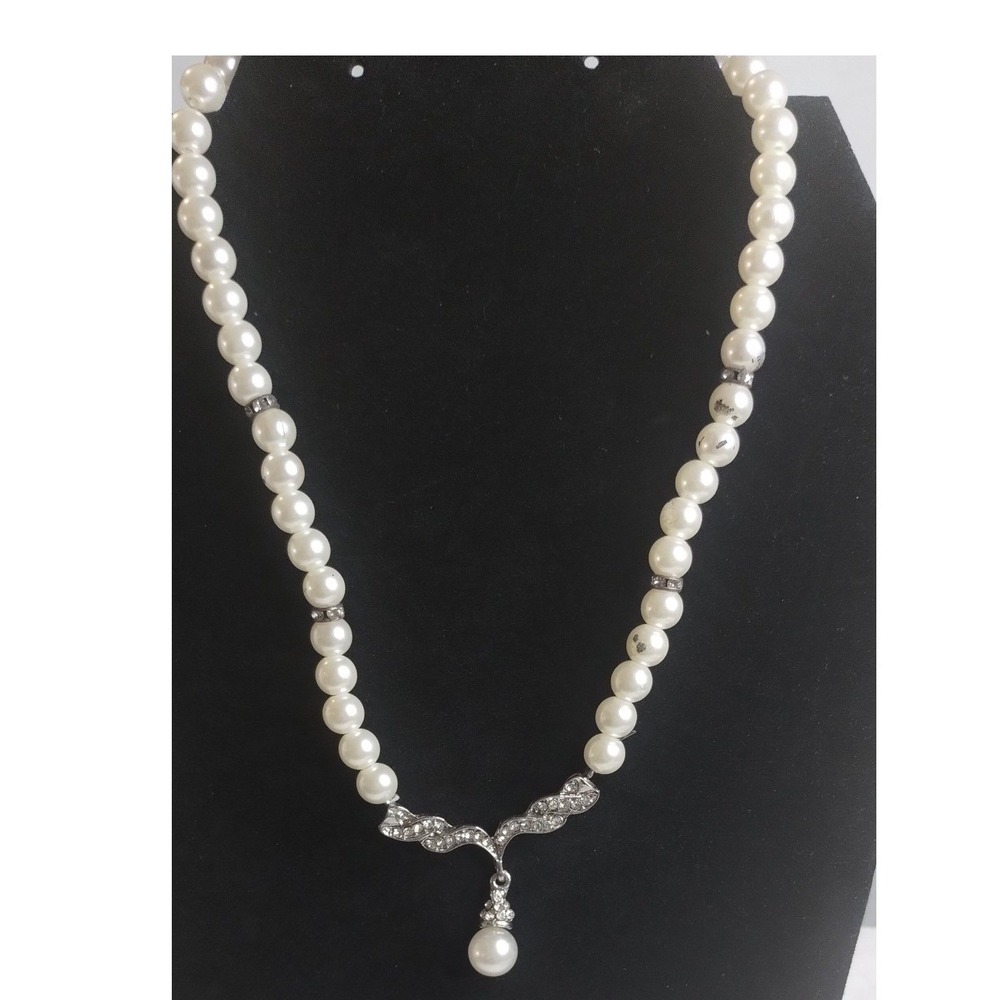 Vintage Style Faux Pearl Rhinestone Drop Necklace Silver Tone Bridal Choker 16in